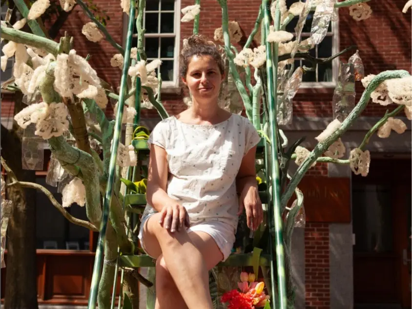 A lady perched on a ladder in front of a botanical marvel.