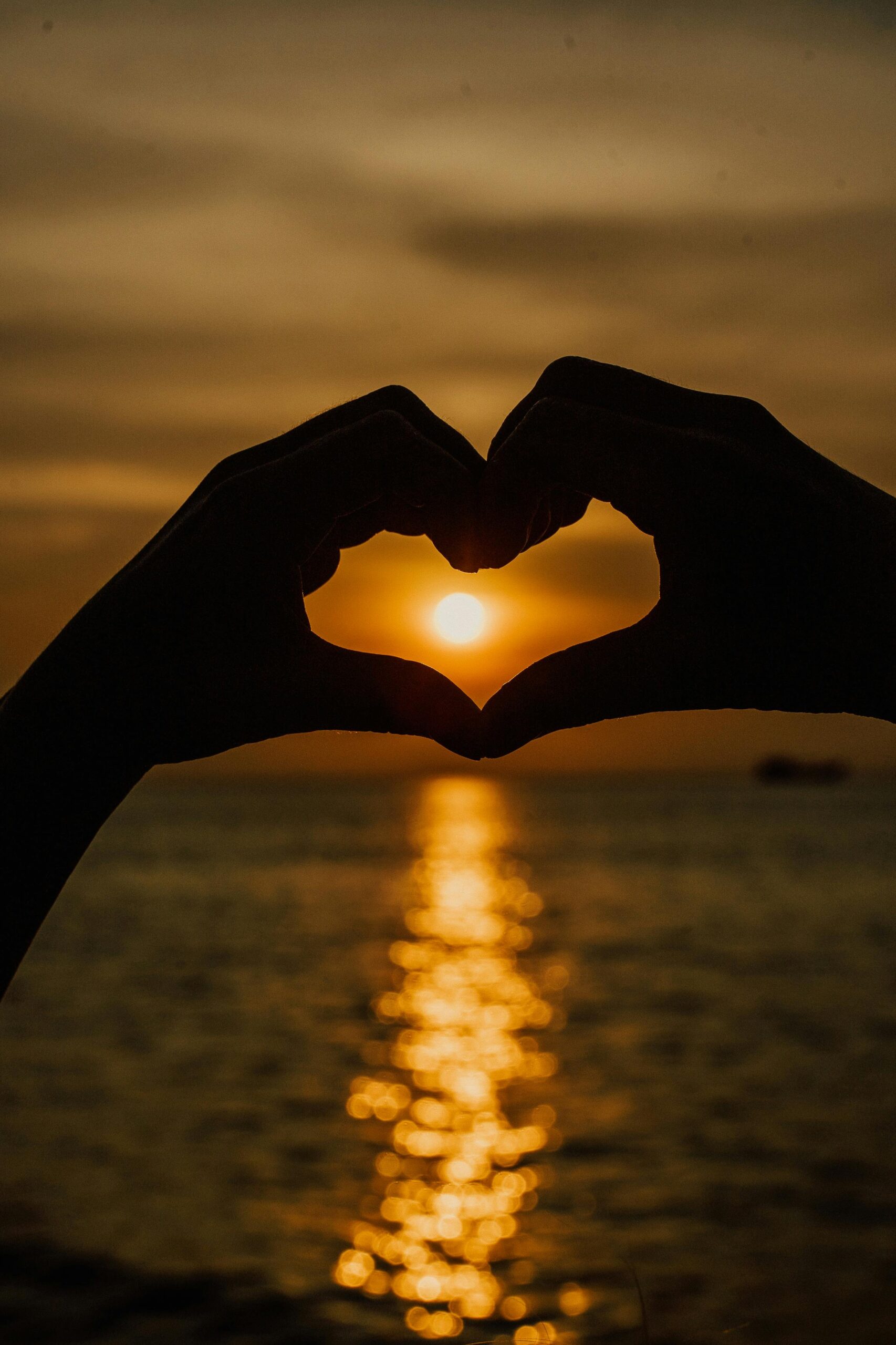 A pair of hands creating a heart shape, brilliantly silhouetted against the sun in the background.
