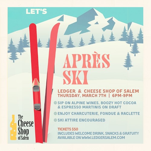 An attractive poster featuring snow-draped mountains and skis.