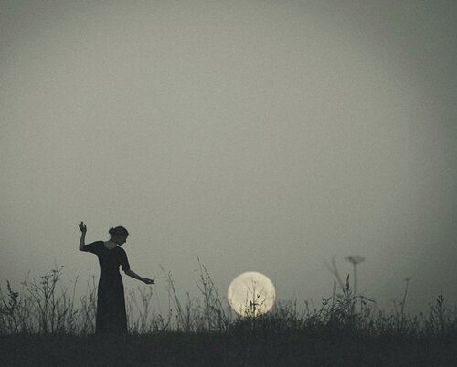 A lady donned in a stunning black dress, standing in a lush field under the enchanting moonlight.