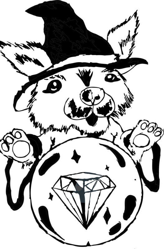 A monochrome sketch featuring a fox clutching a diamond.