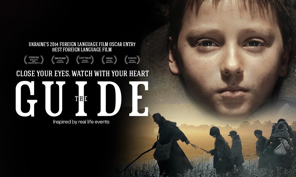 Movie Poster for the Ukrainian Film The Guide features soldiers and a young boy highlighted.