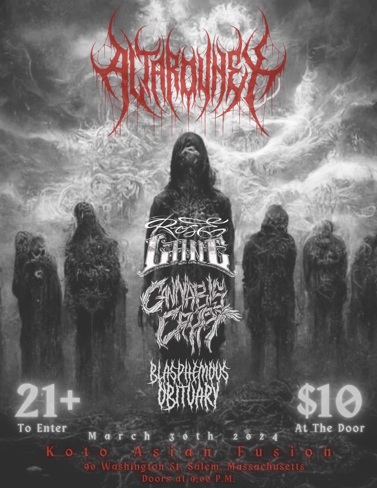 Promotional poster for the band "Pathogenic" showcasing a black and white image of mysterious hooded figures against a dark, mood-setting backdrop. The flyer highlights an exciting event with numerous bands participating. Essential details like the date and venue are provided as well.