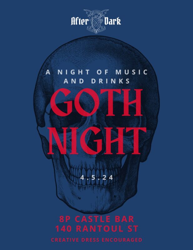 Promote your Goth Night event using a poster featuring an edgy skull design. This enticing advertisement promises an evening of riveting music and refreshing drinks, ensuring fun-filled hours once the sun goes down.