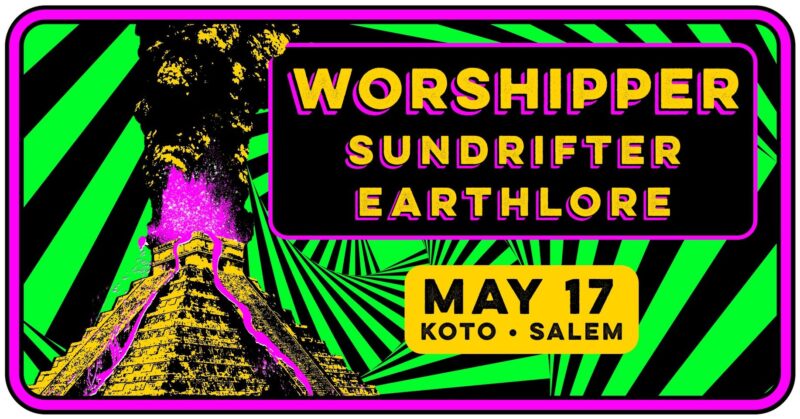 Check out this eye-catching poster brimming with vibrant colors and a pyramid design. Get ready to rock with bands like Worshipper, Sundrifter, and Earthlore on May 17 at Koto in Salem. Experience an unforgettable night of psychedelic vibes!