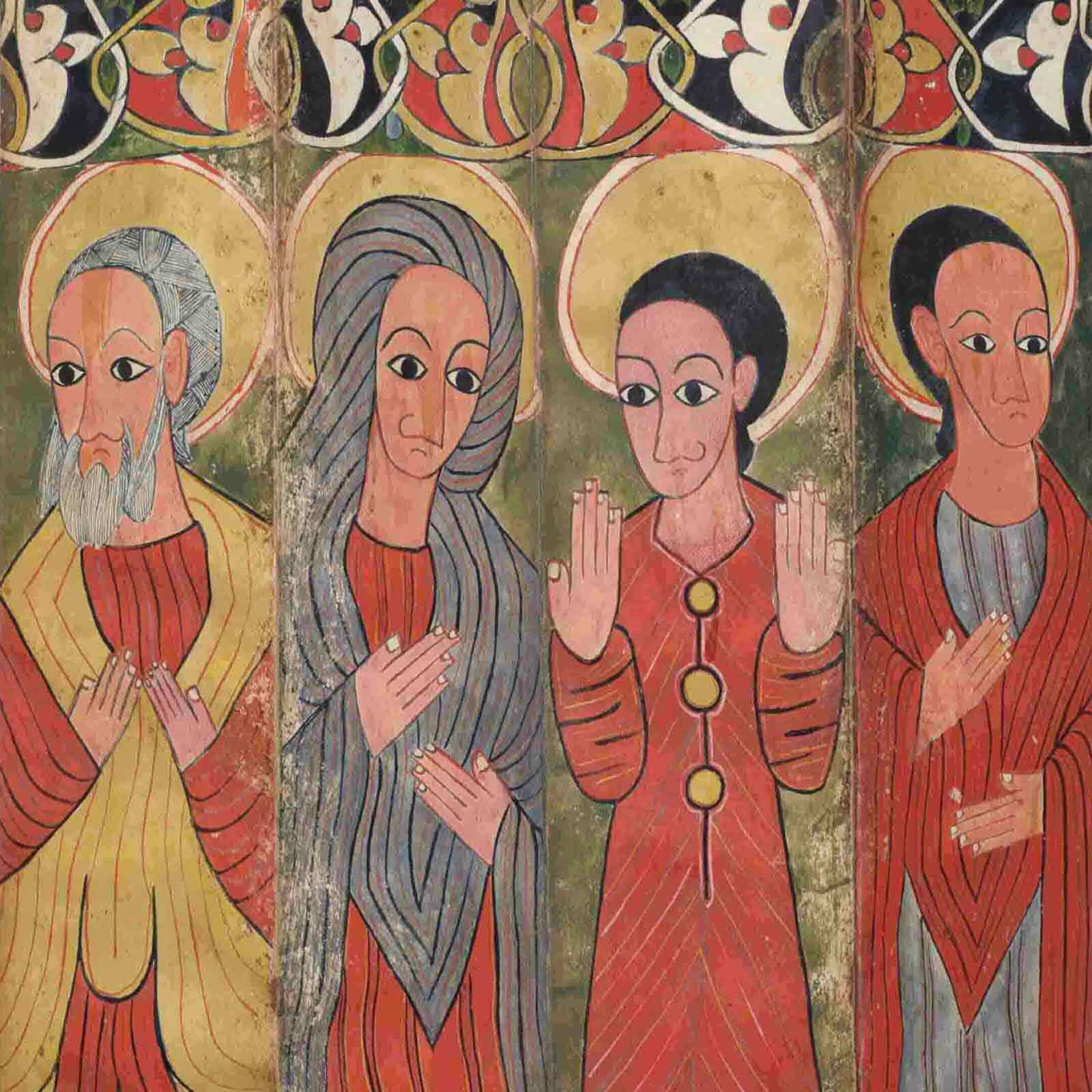 Discover traditional Ethiopian religious paintings featuring four stylized figures adorned with halos.