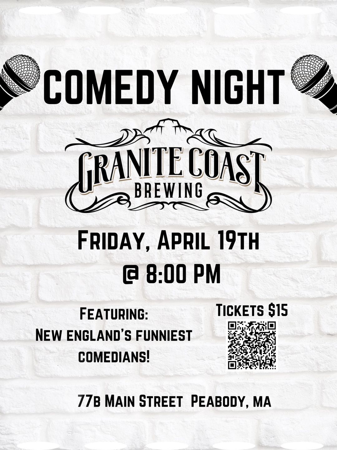 Laugh out loud at Granite Coast Brewing's Comedy Night! Join us to enjoy some of New England's funniest comedians on Friday, April 19th at 8pm. Tickets are just $15. Don't miss a night of laughs and craft beer - it's sure to be a barrel of fun!