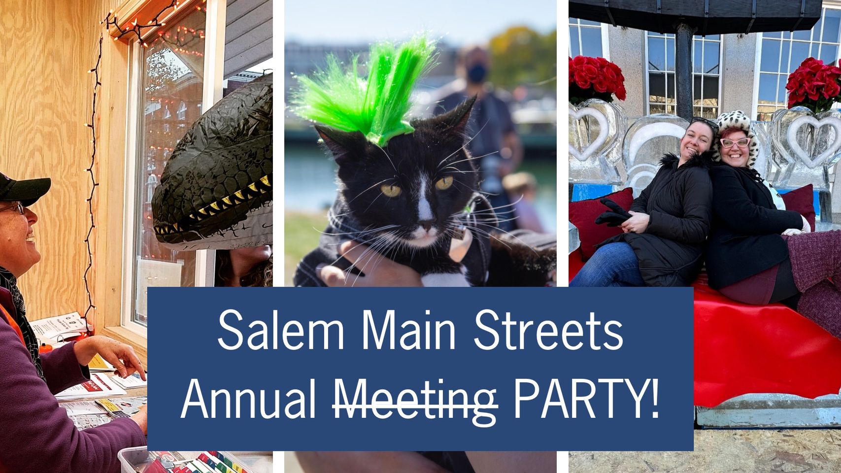 Don't miss out on the experience highlighted by the inviting collage of our annual Salem Main Streets gathering! This social event offers an enjoyable registration process, attendees relaxing in a charming outdoor heart-shaped seating area and even includes an endearing costumed kitty. Don't hesitate to connect with your community at this popular yearly assembly!