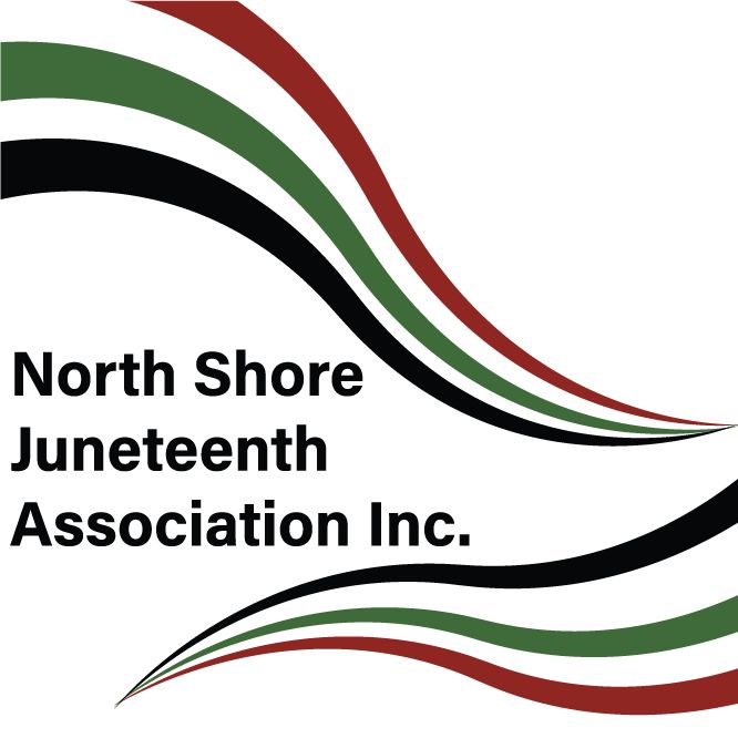 Explore the beauty of abstract design featuring sweeping lines in vibrant shades of red, green, and black. These radiant colors perfectly frame the prominent text that reads "North Shore Juneteenth Association Inc.".