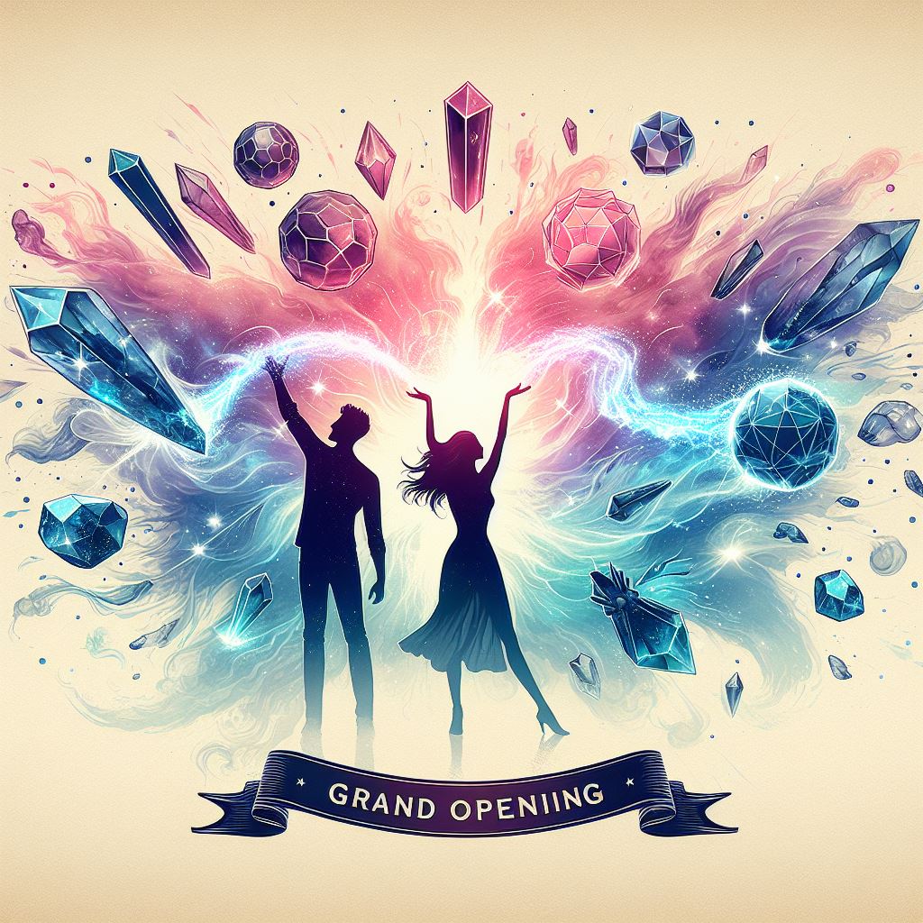 Two shadowy figures are captured in celebration, surrounded by a lively burst of shimmering crystals and vivid color splashes that resemble a nebula. They're complemented by a banner carrying the exciting message: "Grand Opening.