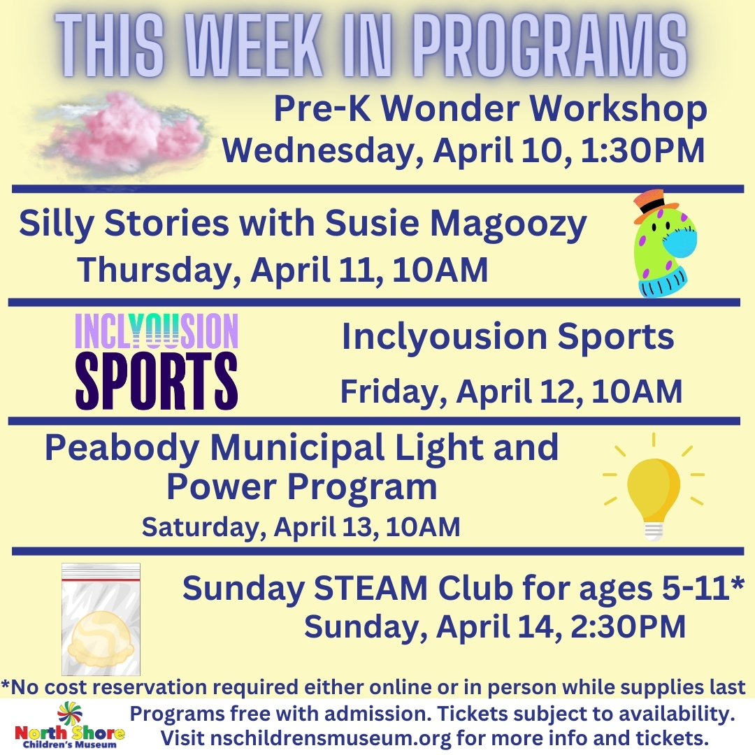 Discover a week of fun-filled kids' activities at North Shore Children's Museum! Check out our vibrant flyer that lists all the exciting events planned, from engaging workshops to captivating storytelling sessions. You won't miss any details with specific dates and times included. Spice up your kid's routine with a taste of inspiring museum experiences.