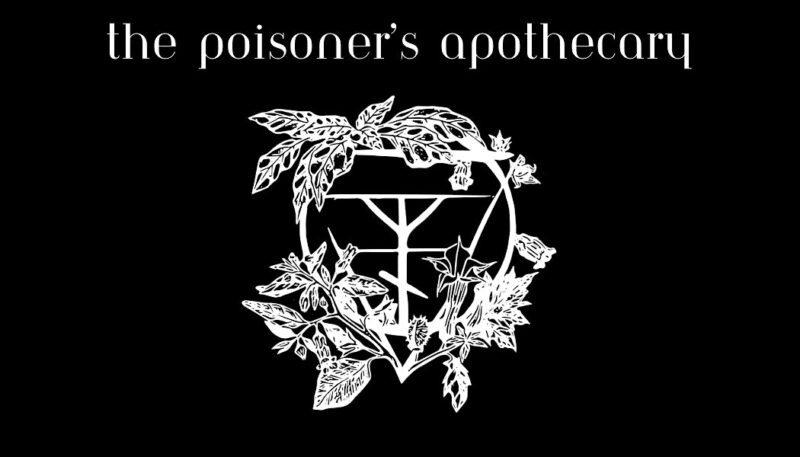 Monochrome artwork showcasing plants, complementing a weighing scale, named 'The Poisoner's Apothecary'.