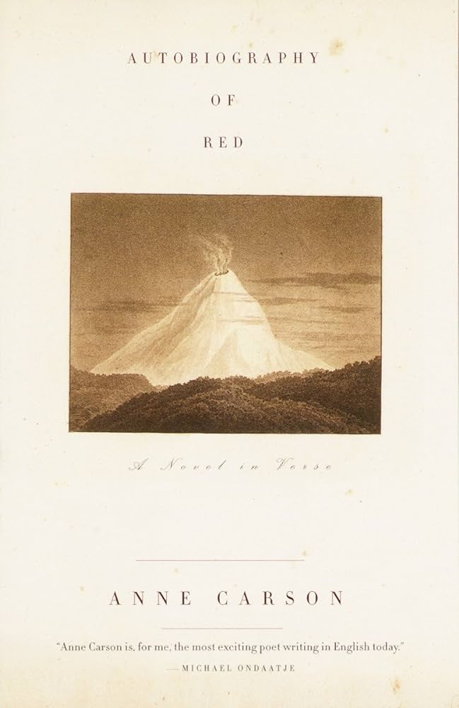 Check out the cover of "Autobiography of Red: A Novel in Verse" by Anne Carson! Showcasing an appealing volcano image pulsating with sepia-toned warmth. Truly, a captivating visual treat which effortlessly allures any avid book reader. Don't miss out on this novel!