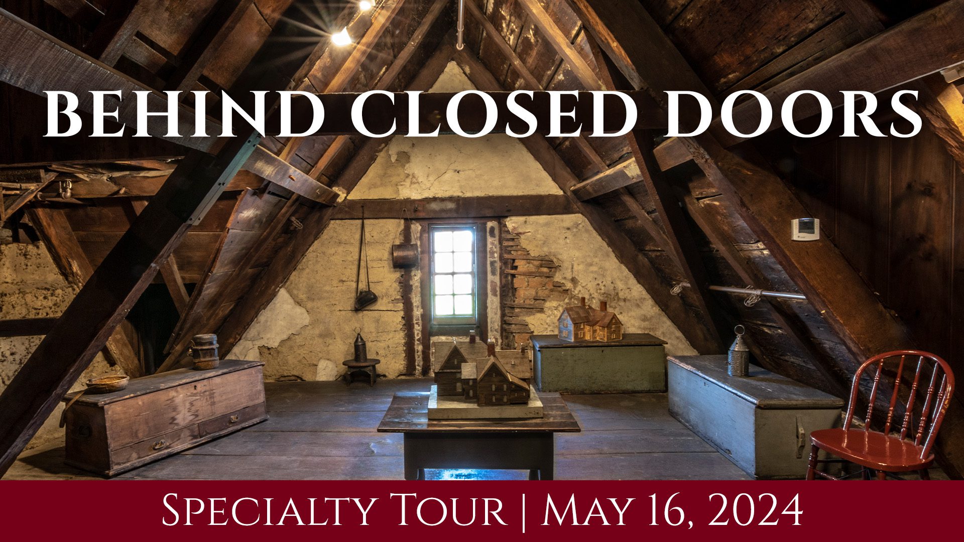 Discover secret corners: Visit a unique attic room adorned with wooden beams and filled with fascinating historical treasures. Step into history on our special 'behind closed doors' tour on May 16, 2024. Join us as we unveil the delightful unseen spaces of history.
