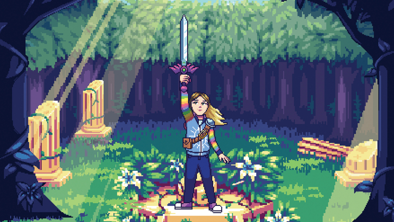A character, designed in pixel-art style, is seen triumphantly lifting a sword in a magical forest glade.