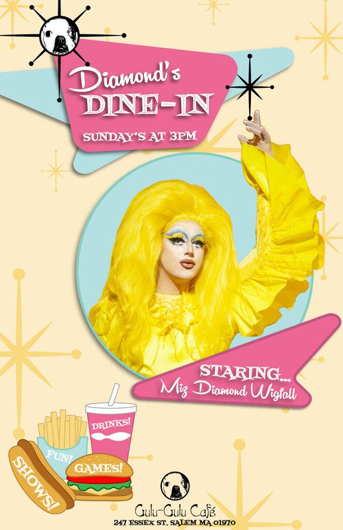Check out our drag show poster featuring the sparkling Miss Diamond Wigfall! Come on down to Gulu-Gulu Cafe for "Diamond's Dine-In". Brandish your Sunday best this 3 pm. Enjoy delicious food, tasty drinks and thrilling games. Prepare to be mesmerized by the fabulous shows we've lined up just for you!