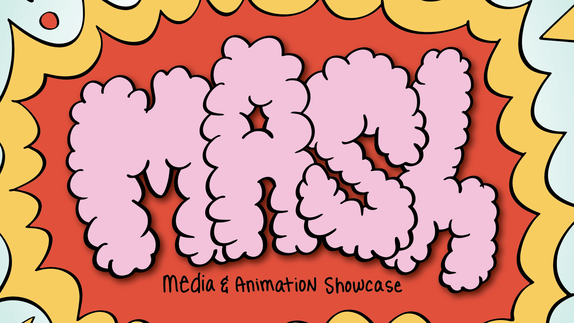 A vividly colored promo image featuring the caption "media & animation showcase" in playful, bubble fonts against an exciting comic book-like explosion backdrop.