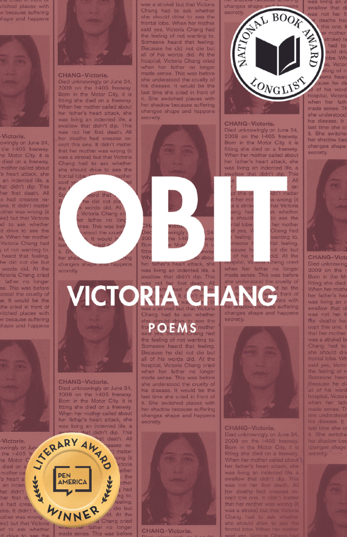 Check out the book cover for "Obit" by Victoria Chang. It has a unique design with repeated images of the author and is accentuated with a red overlay. It also proudly displays a sticker indicating its achievement - it's a National Book Award winner!