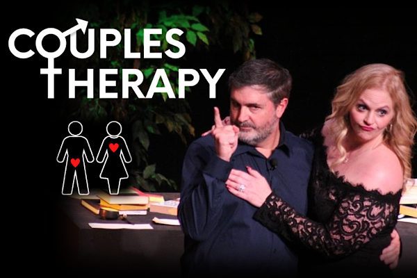 Two performers are bringing to life a scene from a play called "Couples Therapy" on stage.