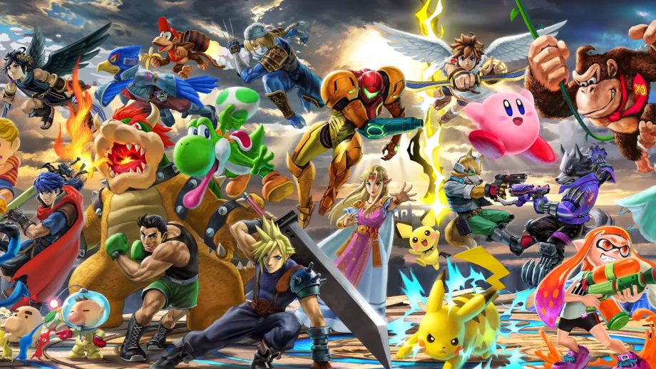 Artwork filled with vibrant colors featuring different animated characters from Nintendo's Super Smash Bros, captured in exciting battle positions.