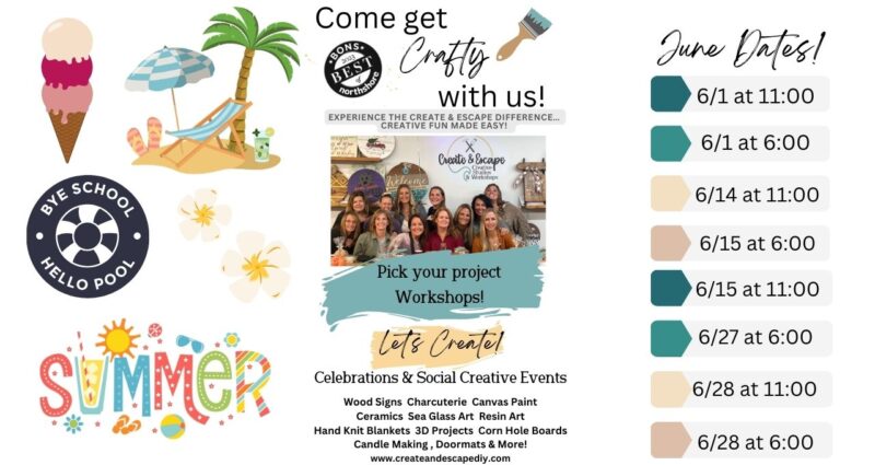 Check out our eye-catching promo graphic for DIY workshops, adorned with fun drawings of ice cream and sunshine. The image also showcases a friendly group picture and a calendar for June, filled with dates for numerous unique crafting activities. Perfect to spark your creativity this summer!