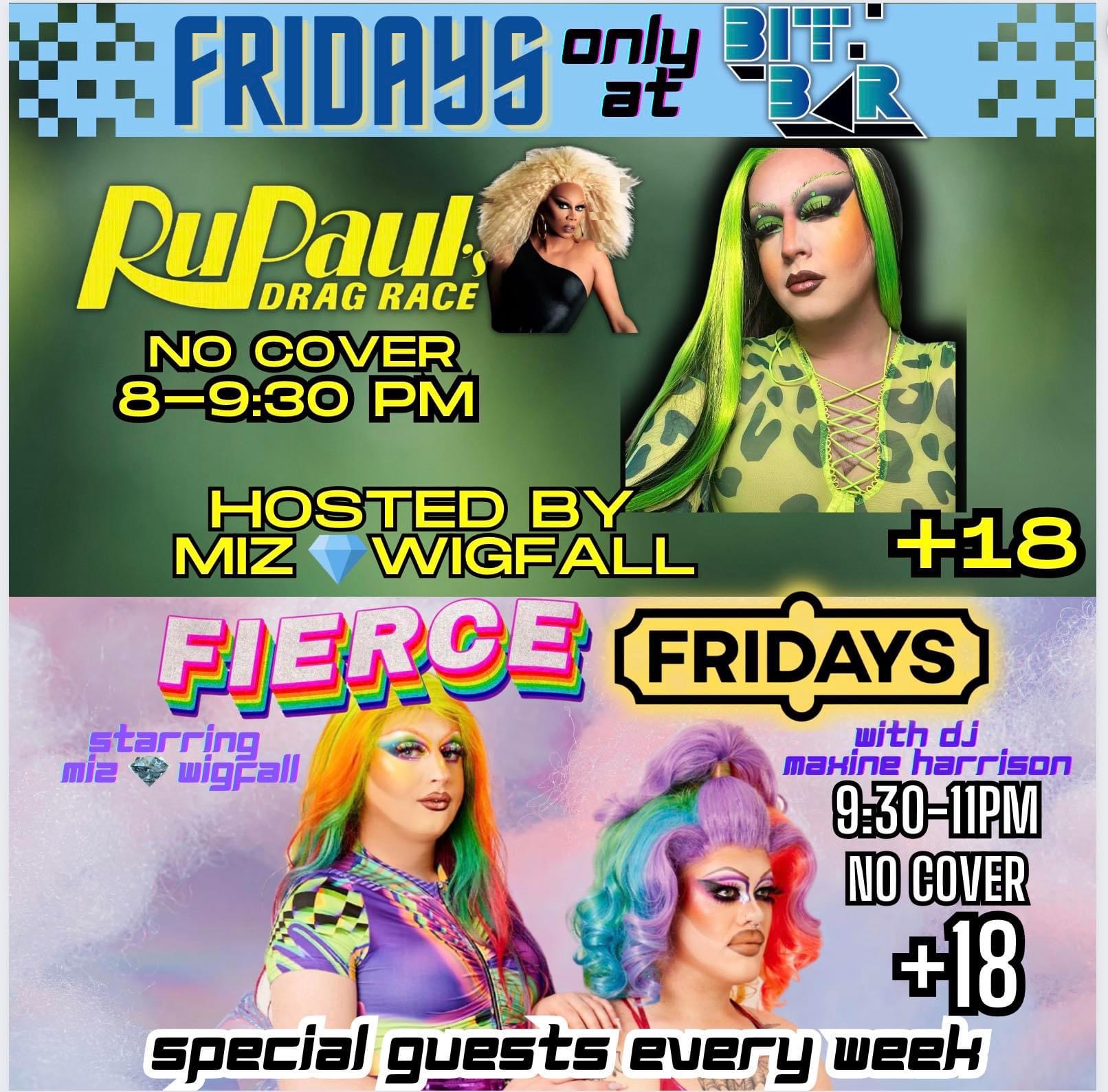 An eye-catching promotional poster for a drag race event showcasing vibrant photos of drag queens, complete with details about the event and neon text presented on a lively backdrop.