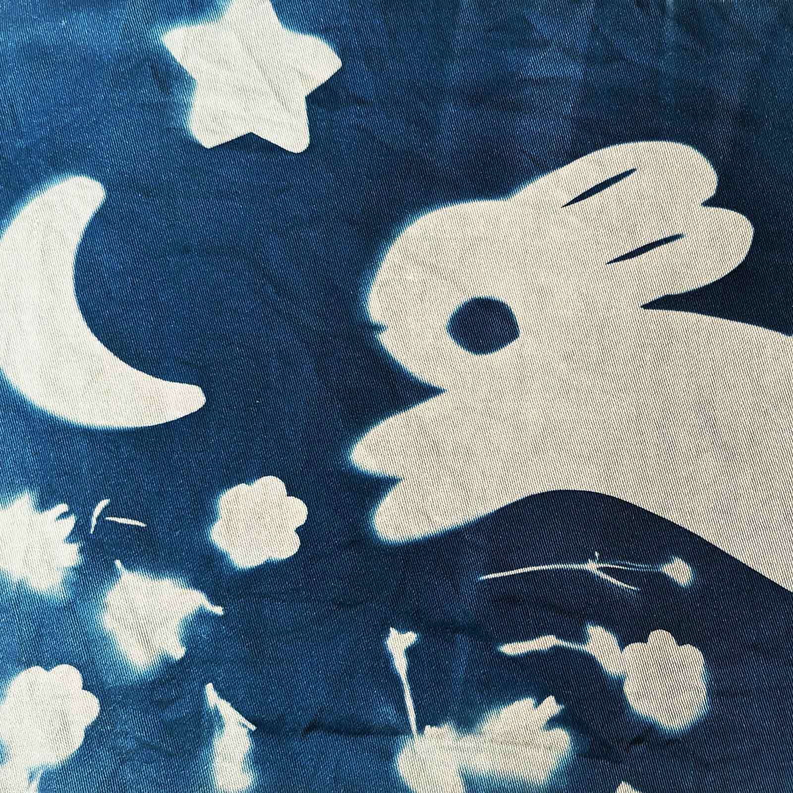 Get hold of our dreamy Cyanotype print, showcasing a fun-loving rabbit under a half-moon surrounded by stars. All beautifully laid out on a artistically textured blue backdrop.