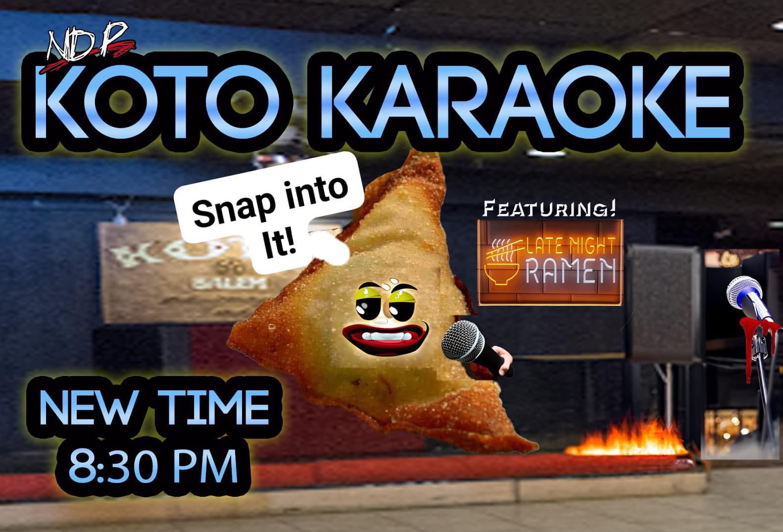 Showcase banner for a koto karaoke night showcasing a lively singing dumpling animation, along with event specifics and related images such as a microphone and ramen.