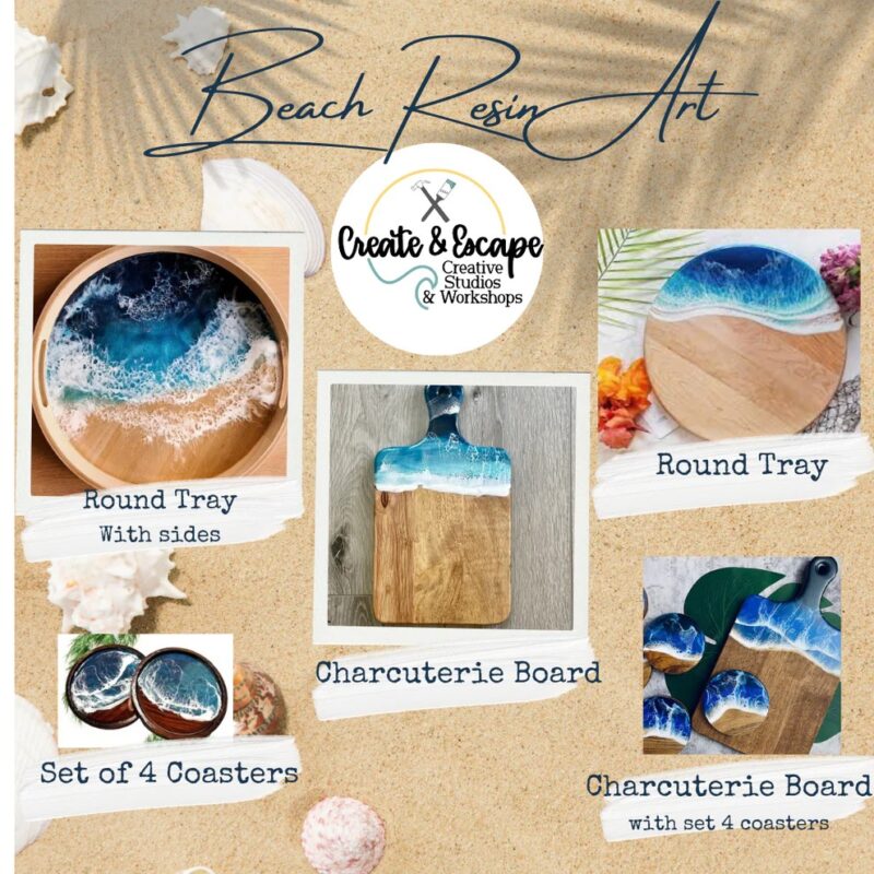 Join our beach resin art workshop featuring stunning pieces like a blue and sandy charcuterie board, round tray, and coasters. They're beautifully captured in an image with a beach-like background. Dive into the unique world of resin art, inspired by the sea's calming hues and the beach's warm sands. Perfect for beginners to professionals or anyone simply desiring to explore their creative side!