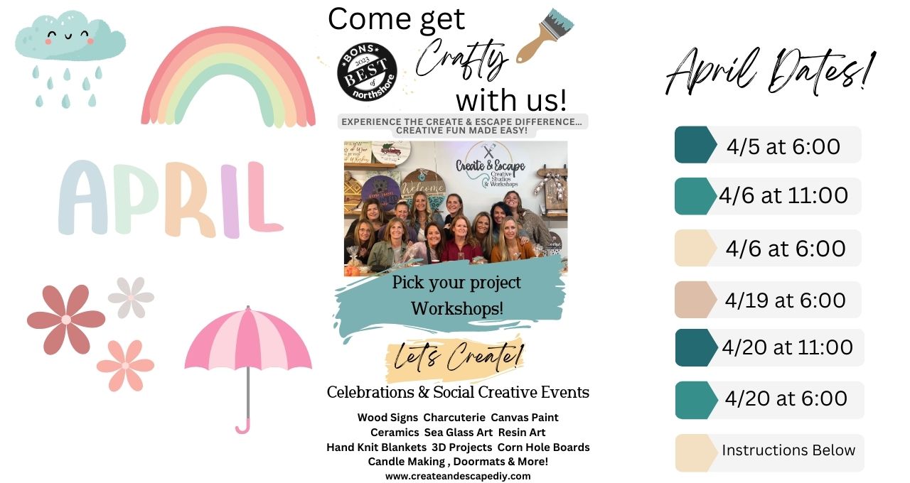 As an SEO marketing expert: "Get ready for our April Craft Workshops. It's all set with a charming pastel-themed design. Don't miss the event dates, displayed along with a vibrant rainbow and beautiful flowers. The promotional graphic also includes information on various fun-filled craft activities.