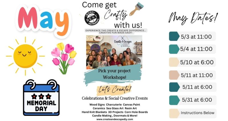 Check out our exciting May craft workshops! Our promotional graphic is filled with key dates, a fun list of crafting activities and attractive designs. The lovely theme is all about spring with vibrant flowers and a warm sunny 'May' title. Perfect for sharing on your social media and letting everyone know about these amazing workshops!