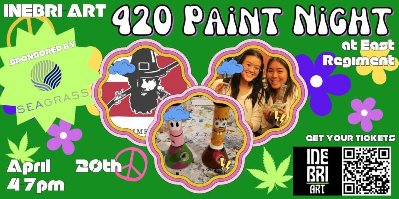 Join us for the exciting "920 Paint Night at East Regiment" on April 20th! Enjoy viewing artistic images, lovable cartoon characters, and pictures of previous enthusiastic attendees. Don't forget to check out our sponsor logos for a hint of who's supporting this iconic event. Save your spot by scanning the QR code provided - Your ticket is just a scan away!