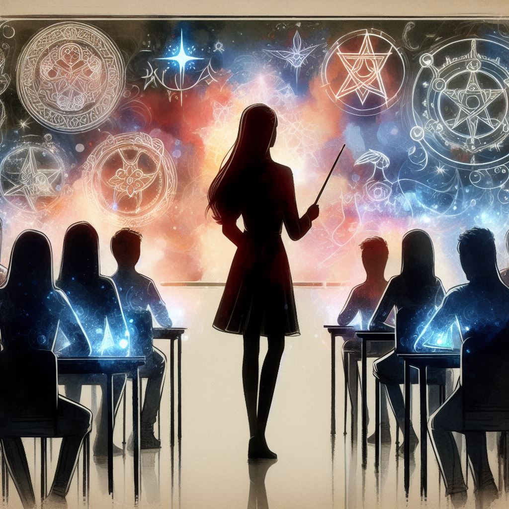 A teacher with a magic wand engages in educating a group of students, each highlighted by radiant outlines against stunning luminary celestial and zodiac signs background.
