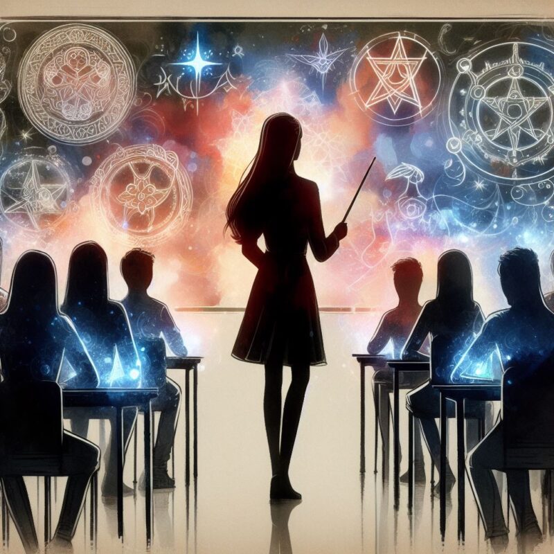 A teacher introducing students to the fascinating world of astrological signs in a unique classroom setting where chairs radiate a magical light.