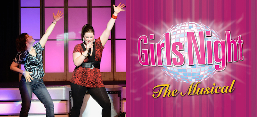 Two women, filled with emotion, are captured on stage performing at "Girls Night: The Musical." One is passionately singing into the microphone. They stand before a vibrant pink banner that pops, perfectly setting the scene for an unforgettable night.