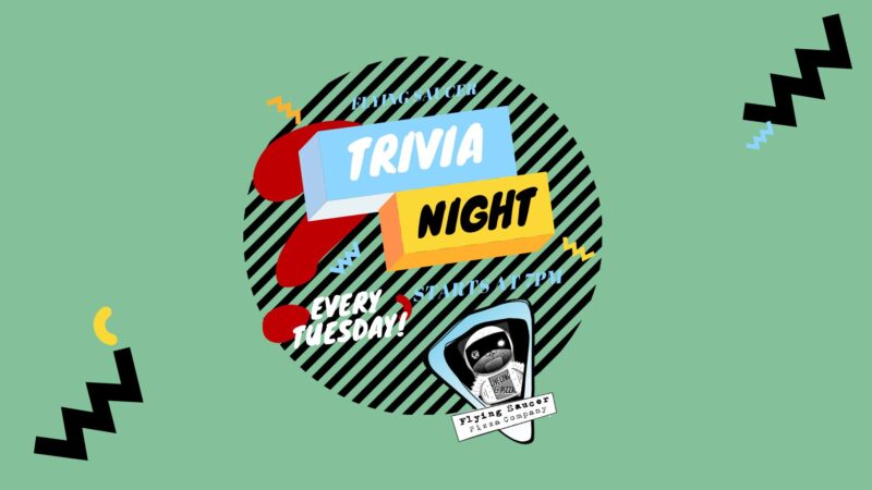 Bright and vibrant graphic showcasing "Trivia Night Every Tuesday". It includes a microphone, energetic lightning bolts and lively shapes on a refreshing green background.