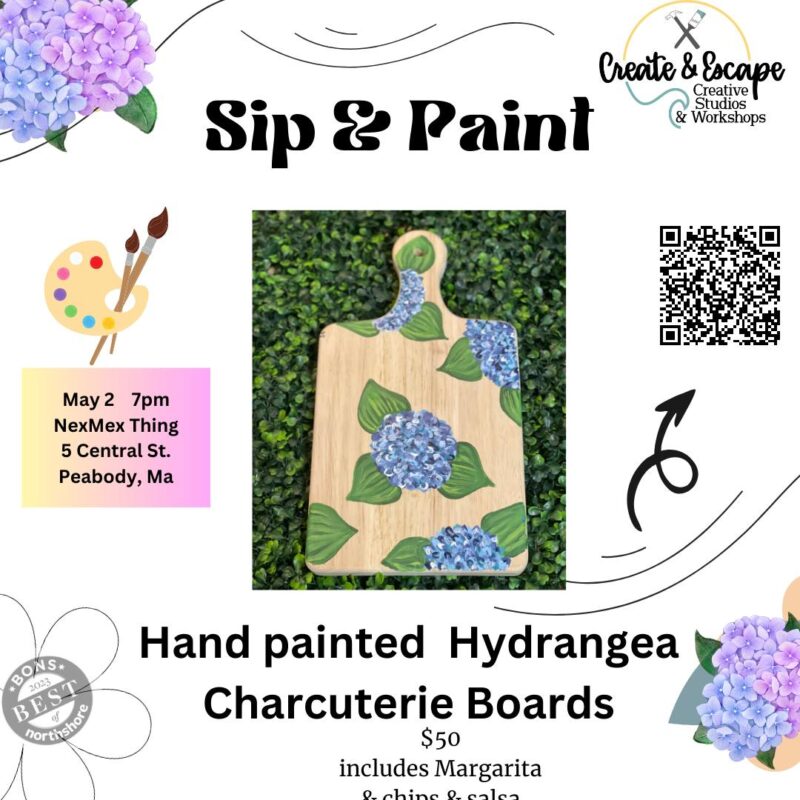 Come join us for an exciting "Sip & Paint" event! Create a beautiful hand-painted hydrangea on a charcuterie board while enjoying good company. Don't worry about keeping track of the event details - we've got you covered with a handy QR code. So, let your artistic side shine and enjoy an evening filled with creativity, laughter, drinks and delicacies.