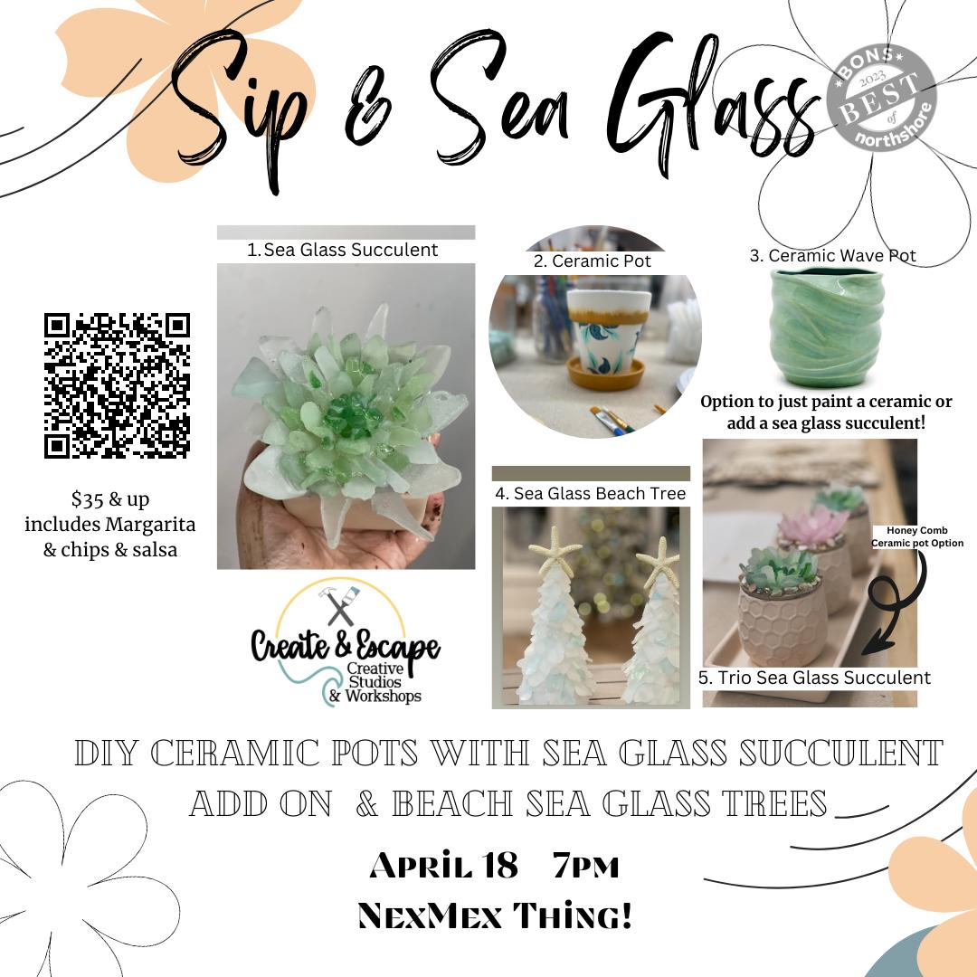 Boost your creativity with our hands-on DIY Ceramic Potting Workshop aptly named "Sip & Sea Glass". The event flyer is peppered with vibrant images of unique sea glass succulents that will surely inspire your artistic side. Find everything you need to know about the event, from times and dates to location details, all clearly laid out for easy reference. Plus, we have a super-easy QR code feature - just scan to get additional information or book your spot! Get ready for an unforgettable experience full of fun and flair at our unique crafting session!