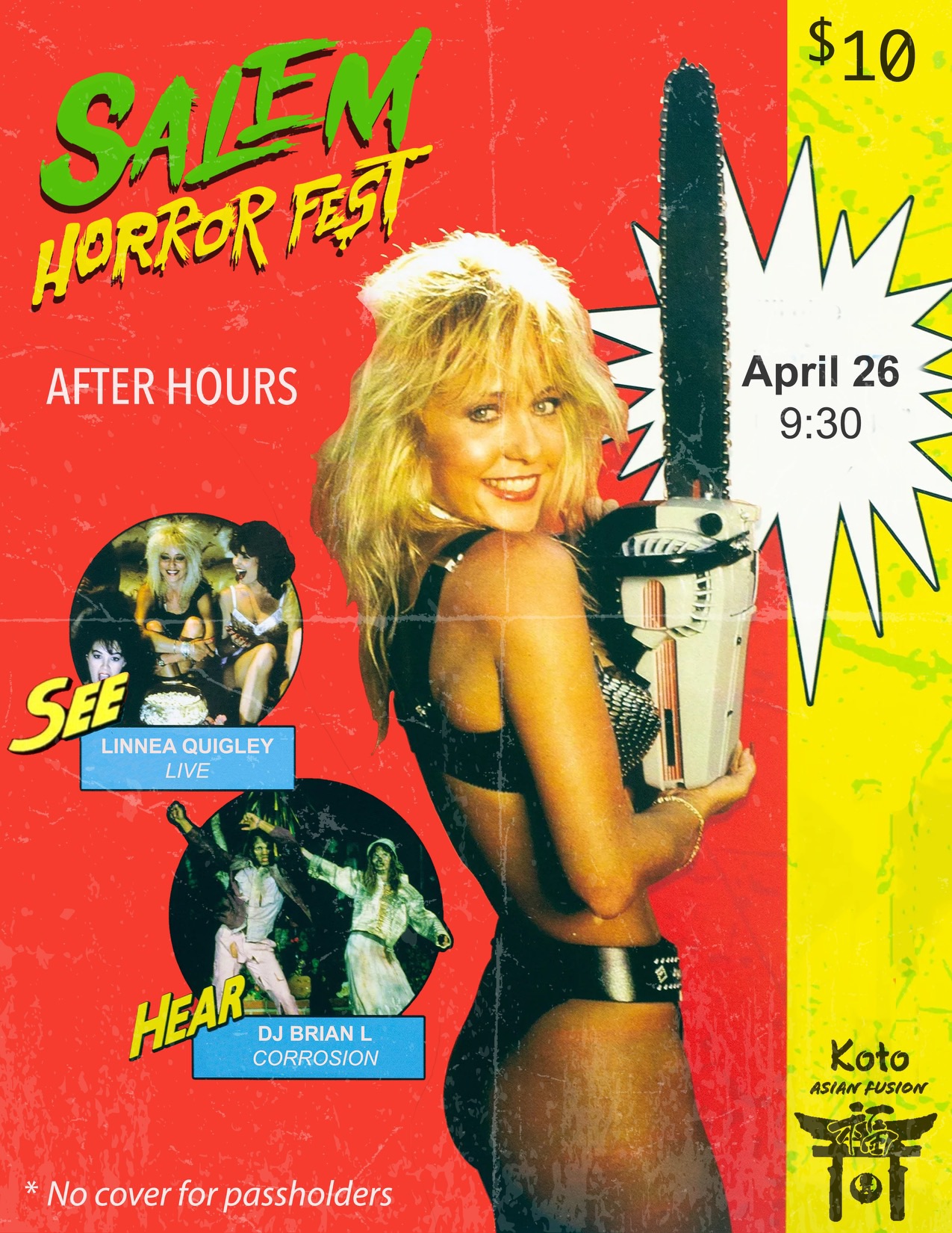 Check out our eye-catching promotional poster for the Salem Horror Fest, highlighting special guest Linnea Quigley. Discover essential event information and pricing details, all presented on a colorful and creative backdrop.