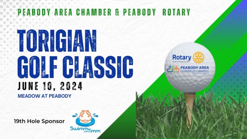 Join us for the Torigian Golf Classic on June 19, 2024! This exciting event, brought to you by the Peabody Area Chamber & Rotary, will feature a creative promotional image of a golf ball on a tee along with our proud event sponsors' logos. Don't forget to mark your calendars!