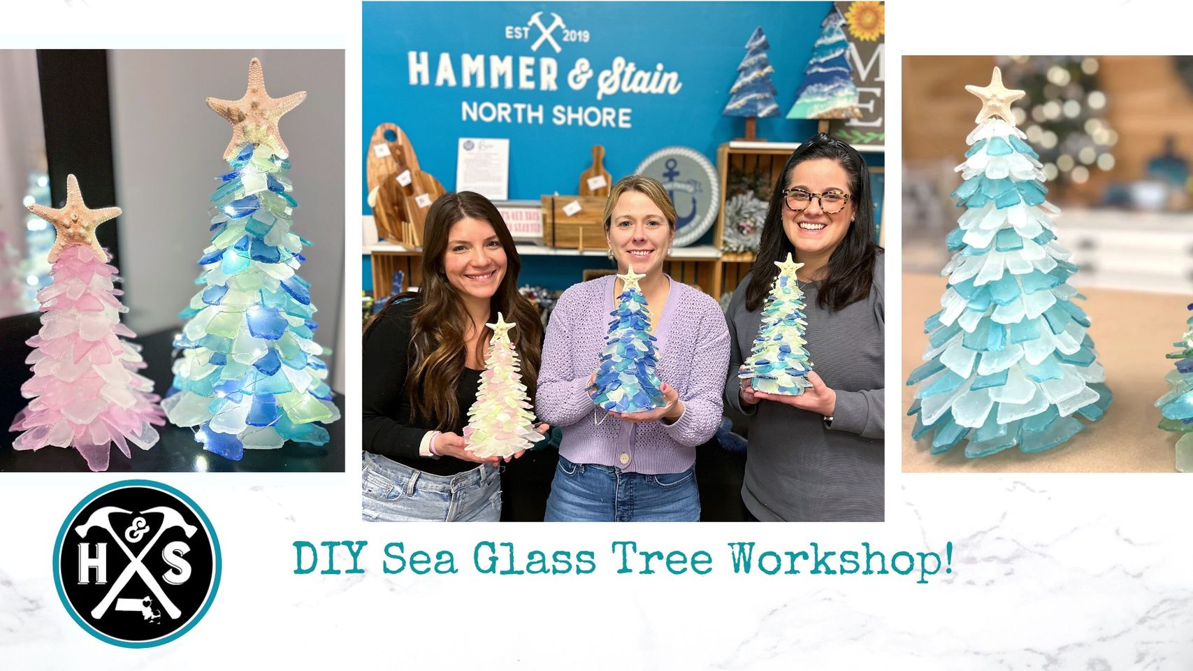 Join our DIY Sea Glass Christmas Tree Workshop! Enjoy creating beautiful holiday decorations with sea glass, in a fun and engaging environment. See the joyful smiles on women's faces as they proudly show off their unique sea glass Christmas trees. Don't miss out on this hands-on workshop that promotes creativity, fun, and camaraderie. Your special handmade tree will be the talk of the season!