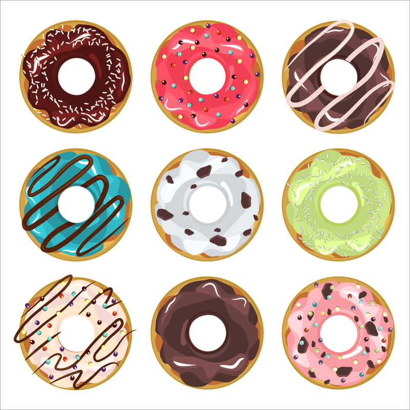 Check out this tempting selection of nine different donuts, each with unique icing and topping details. They are neatly organized in a 3x3 formation against a clean, white background. Perfect for your morning coffee or an indulgent treat anytime!