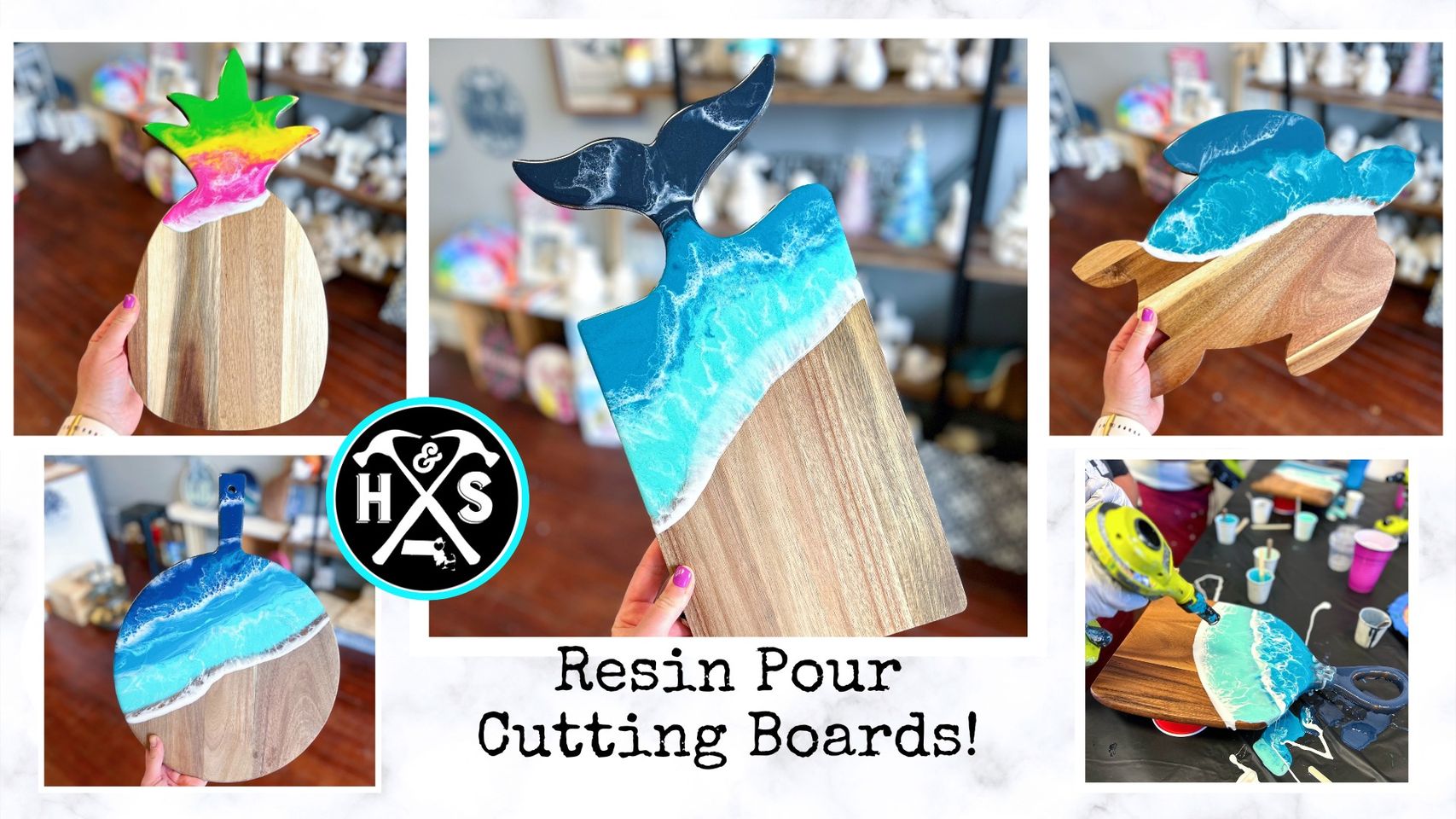 Explore our stunning collection of resin pour cutting boards adorned with unique whale and star patterns. Each board prominently features our "hxs" logo. Dive into an artistic culinary experience with "resin pour cutting boards!