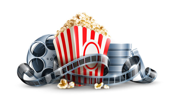 A picture showing a popcorn bucket and film reel together against a simple white backdrop.