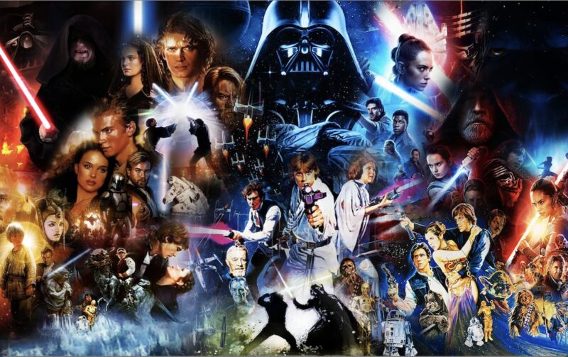 Showcase of Star Wars characters across the series, prominently highlighting lightsaber duels, key personalities such as Darth Vader and a mix of various scenes from the epic saga.