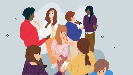 A simple graphic showcasing an inclusive group of seven individuals interacting in a relaxed atmosphere. Some of them are standing and others are sitting, facilitating informal conversations.