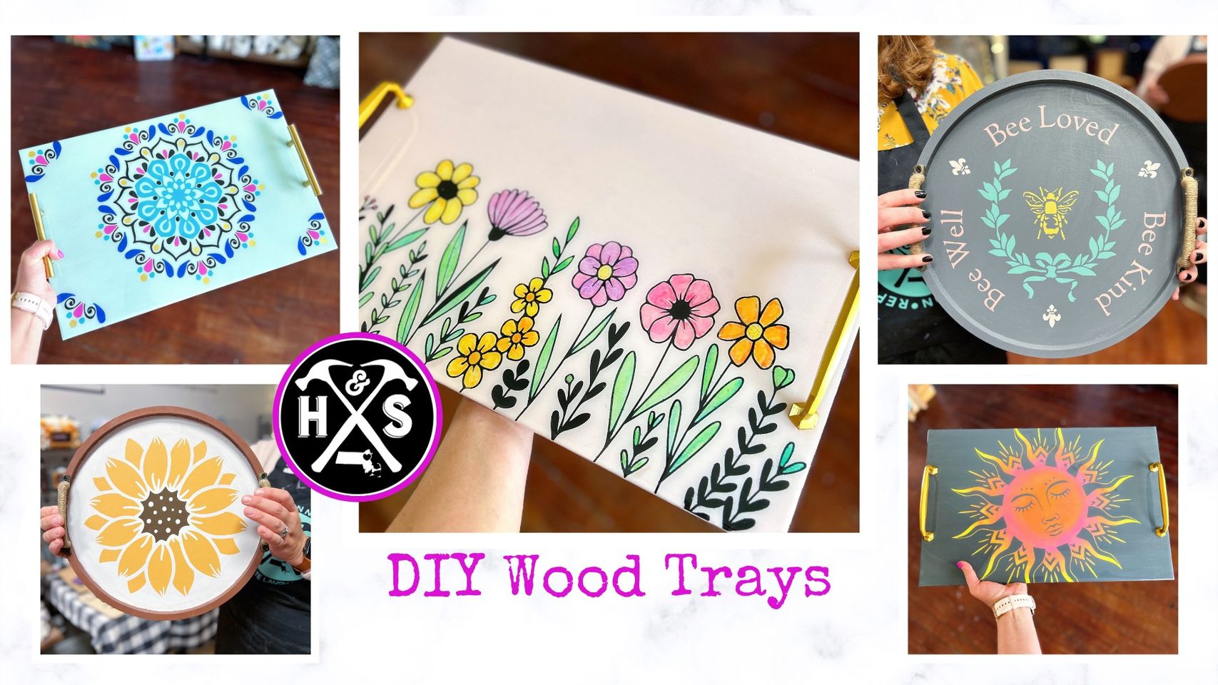 Explore a collection of DIY wood tray painting projects showcasing colorful floral and mandala patterns. The main focus features a distinct logo and the phrase "DIY wood trays".