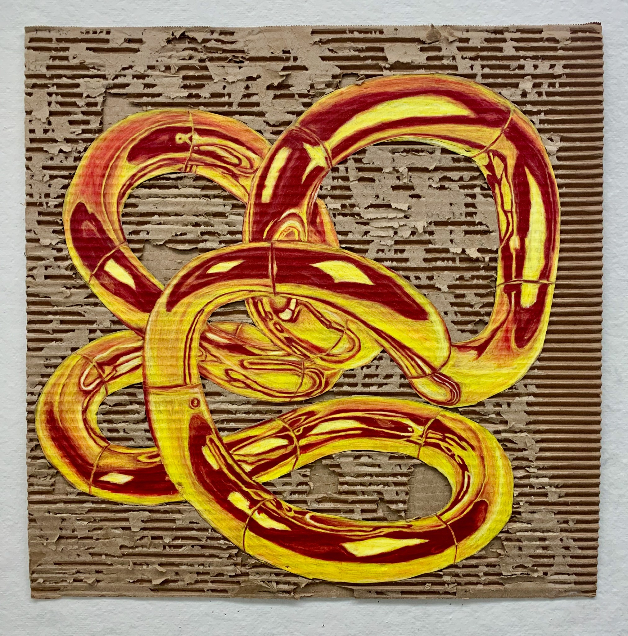 This is a unique abstract painting featuring a beautiful mix of yellow and red loops entwined together, all perfectly set against an artistically textured brown backdrop.