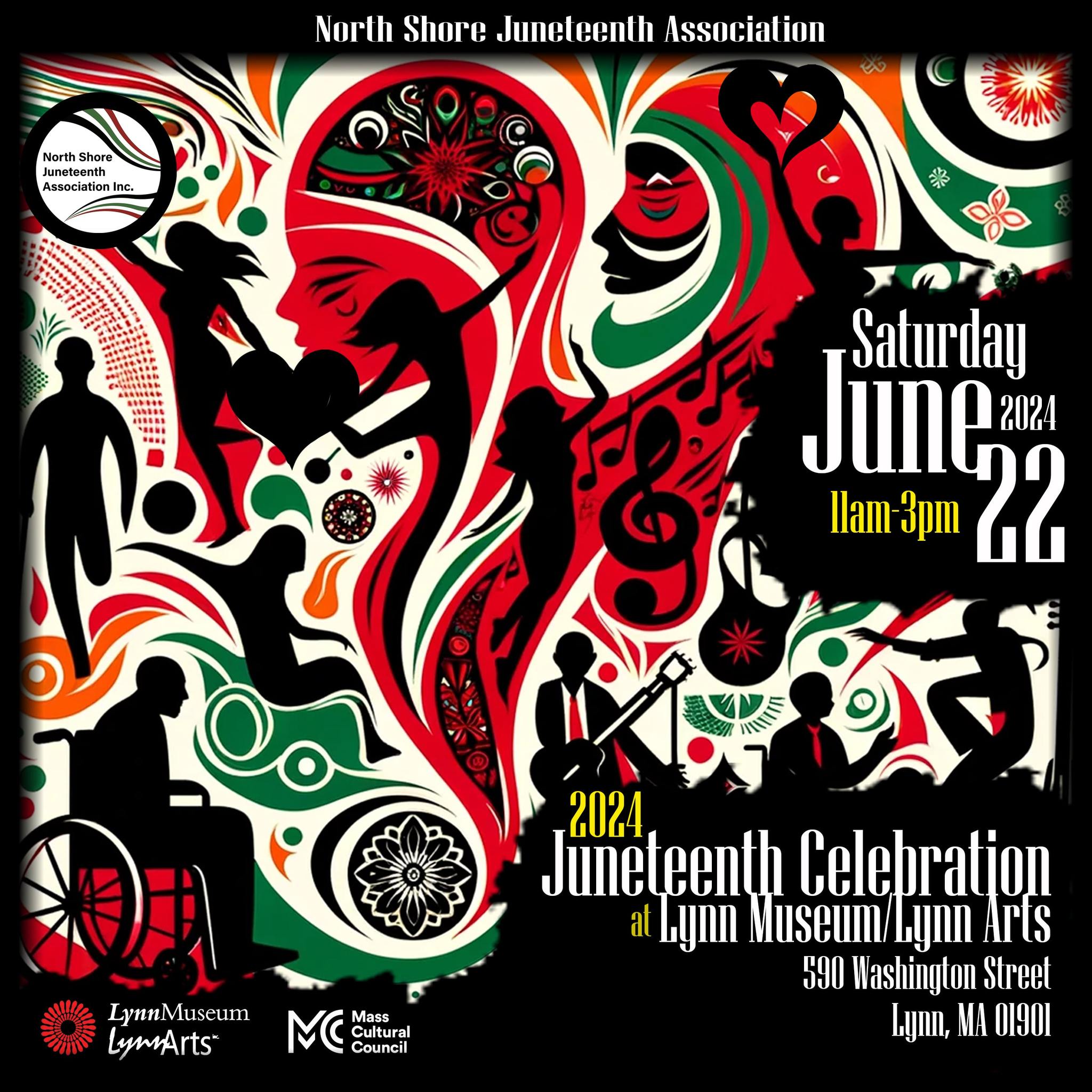 A vibrant poster for the North Shore Juneteenth Association's festival on June 22, 2024. It includes colorful and unique illustrations of musicians and dancers in holiday-inspired red and green hues.