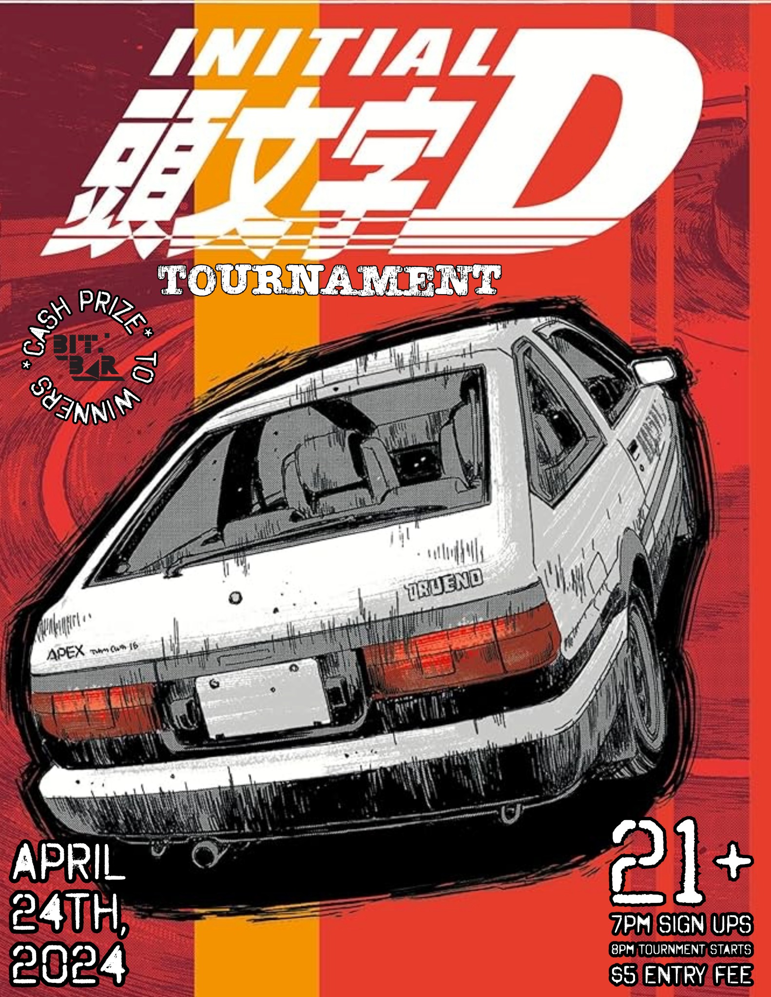 Get ready for the ultimate "Initial D Tournament"! Our eye-catching poster showcases a unique art style featuring the iconic Toyota AE86 car. Don't miss to check out all the important tournament details and dates. Boost your gaming experience to whole new levels in this heart-pounding race. Remember to bookmark the program - it's a high-speed event you don't want to miss!